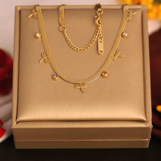 Gold Plated Snake Chain Necklace with Dragonfly Charms & Colorful CZ Stones | Dainty Nature Jewelry