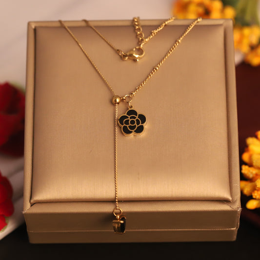 22K Gold Plated Black Flower Lariat Necklace | Stainless Steel Adjustable Chain