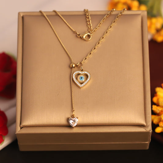 Modern Heart & Crystal Eye Necklace | Anti-Tarnish Daily Wear Jewelry