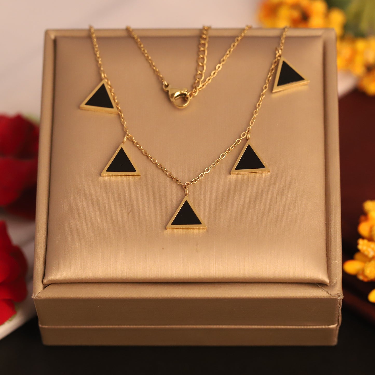Geometric Gold Triangle Necklace | Black Enamel Pendant Choker | Modern Minimalist Jewelry