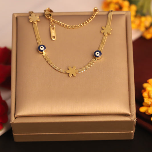 Gold Evil Eye & Flower Charm Snake Chain Necklace - Stainless Steel | Protection Jewelry