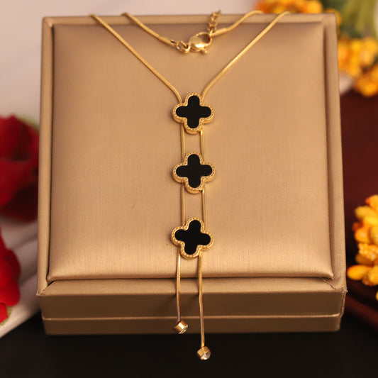 Elegant Black & Gold Clover Pendant | Adjustable Layered Look Necklace