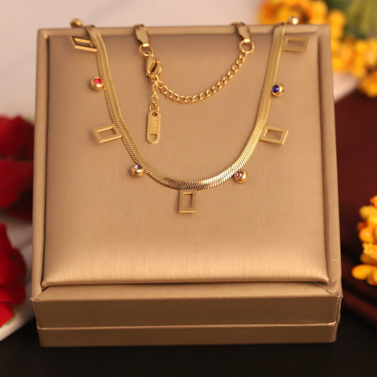 Gold Plated Snake Chain Necklace with Geometric Charms & Colorful CZ Stones | Modern Minimalist Jewelry