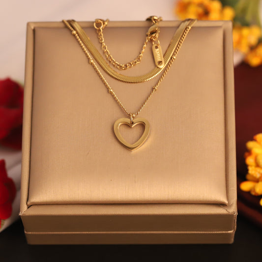 Double Chain Heart Outline Necklace | Gold Layered Love Jewelry