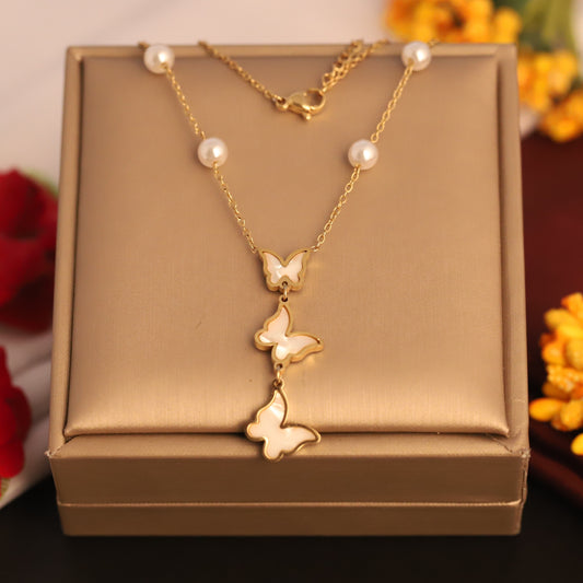 Cascading Mother of Pearl Butterfly Necklace | Gold Pearl Accent Jewelry