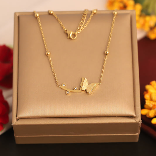 Butterfly & Branch Pendant Necklace | Gold Beaded Jewelry