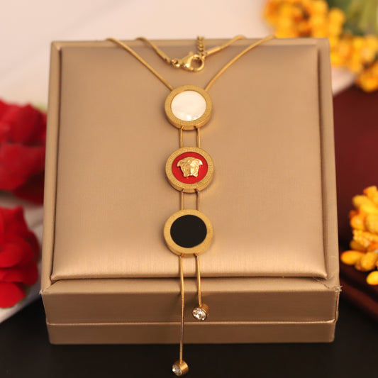 Gold Medusa Lariat Necklace - Red, Black & Pearl Charm Pendant