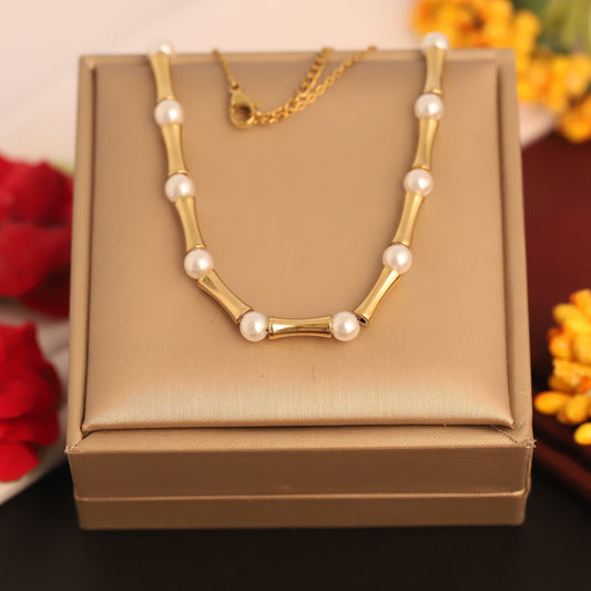 Gold Bamboo and Pearl Necklace - Elegant Beaded Statement Jewelry