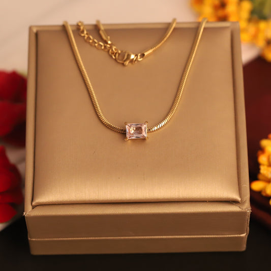 Dainty Gold Herringbone Necklace with Rectangular Crystal Pendant - Minimalist Chic