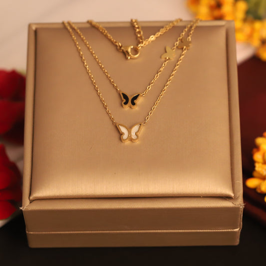 Layered Butterfly Necklace Set - Gold Plated Stainless Steel
