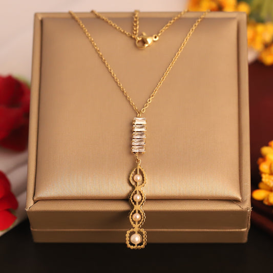 Layered Baguette Crystal & Pearl Necklace | Gold Delicate Statement