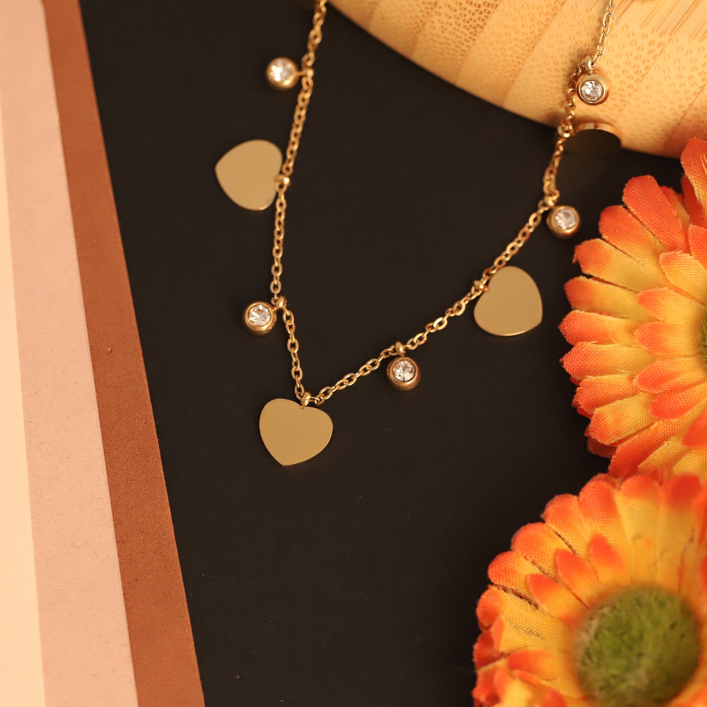 Heart & Crystal Charm Necklace | Gold Delicate Statement Jewelry