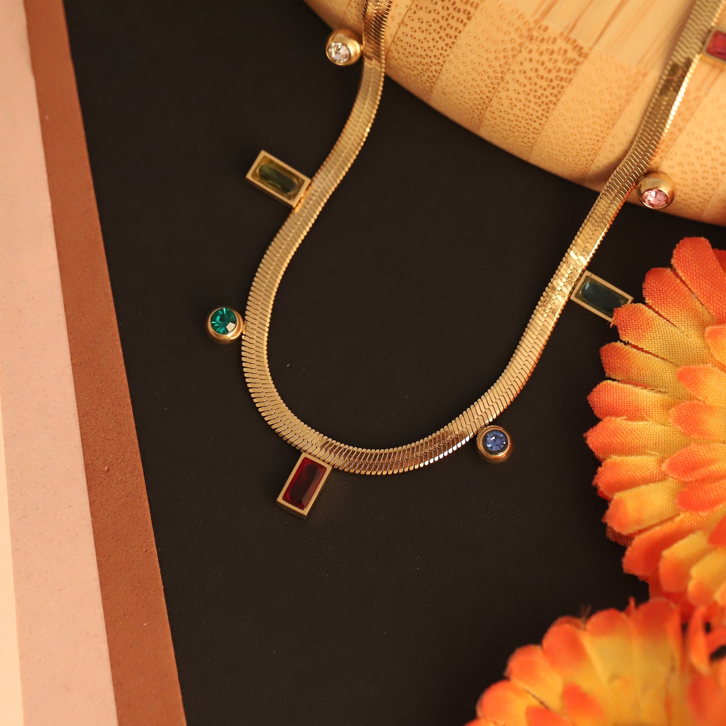 Gold Herringbone Necklace with Colorful Gem Charms - Modern Statement Jewelry