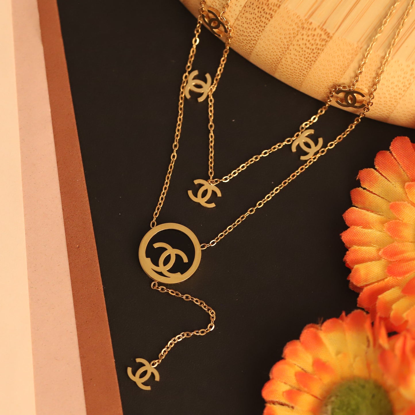 Elegant Gold Plated Layered CC Logo Necklace Set - Women's Fashion Jewelry