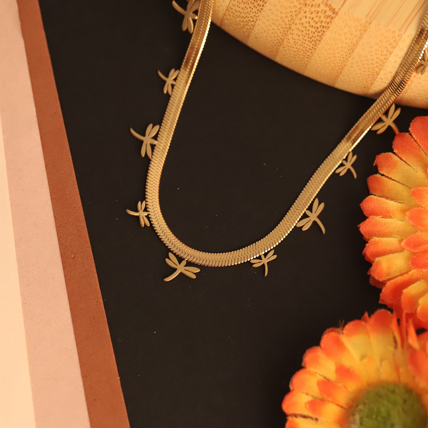 Elegant Gold Plated Dragonfly Charm Snake Chain Choker Necklace