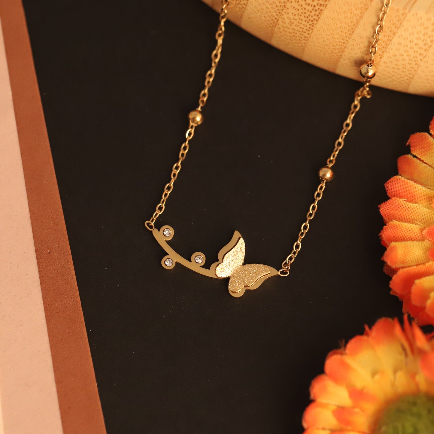 Butterfly & Branch Pendant Necklace | Gold Beaded Jewelry