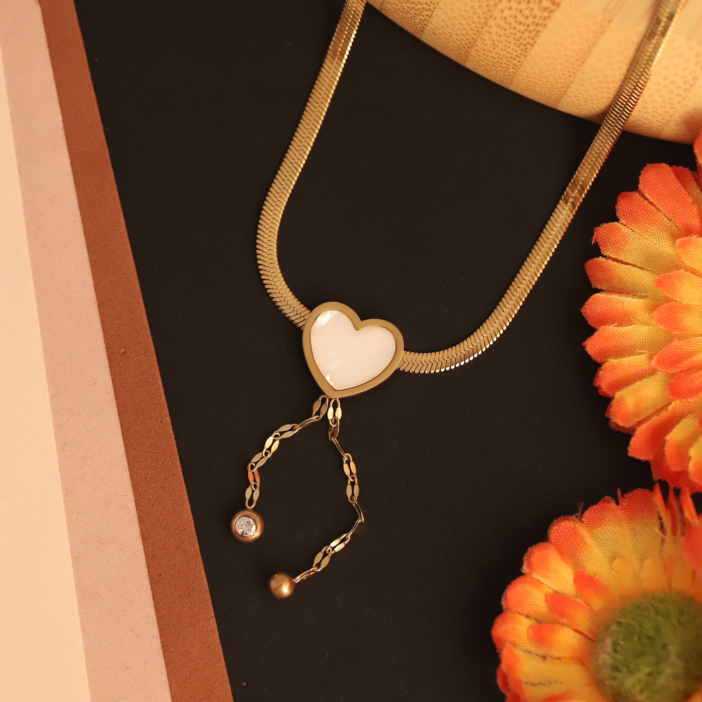 White Enamel Heart Pendant Necklace | Gold Snake Chain Jewelry