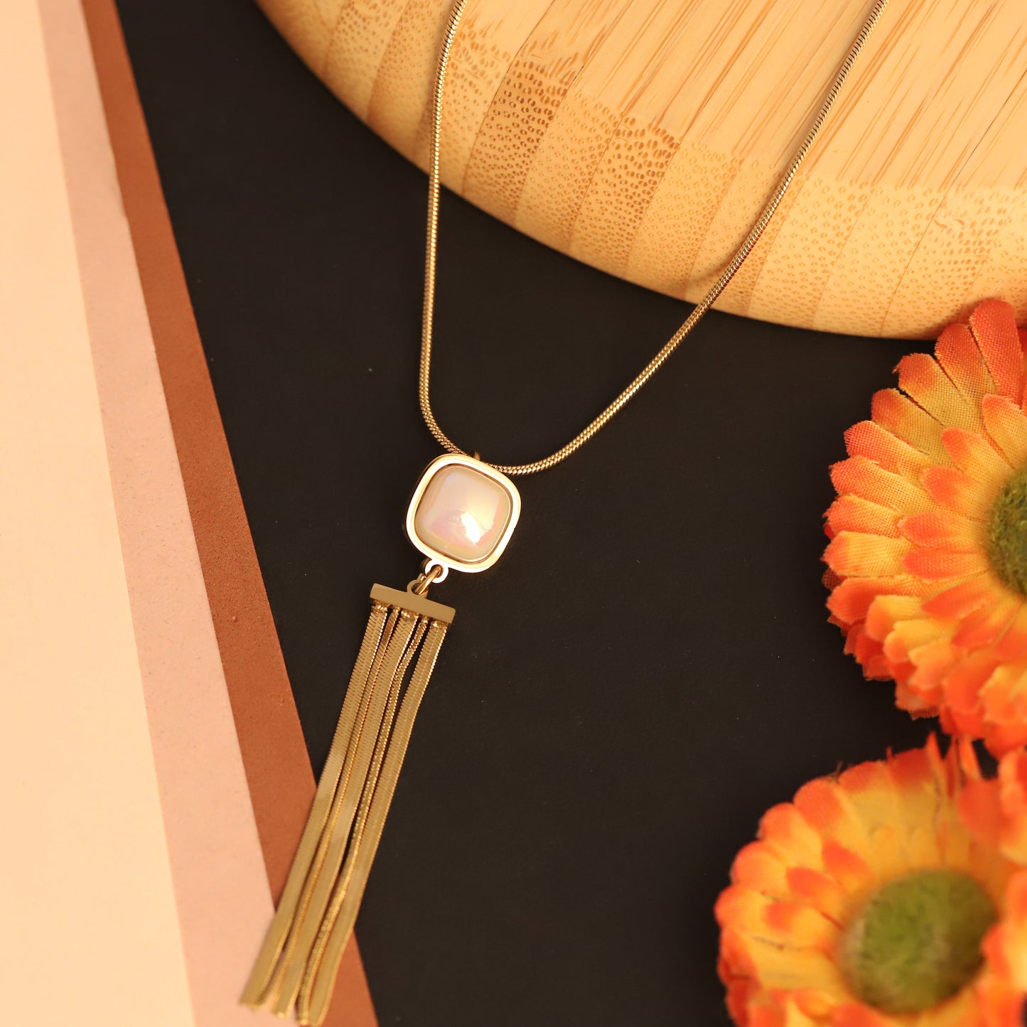 Mother of Pearl Tassel Necklace | Gold Snake Chain Jewelry