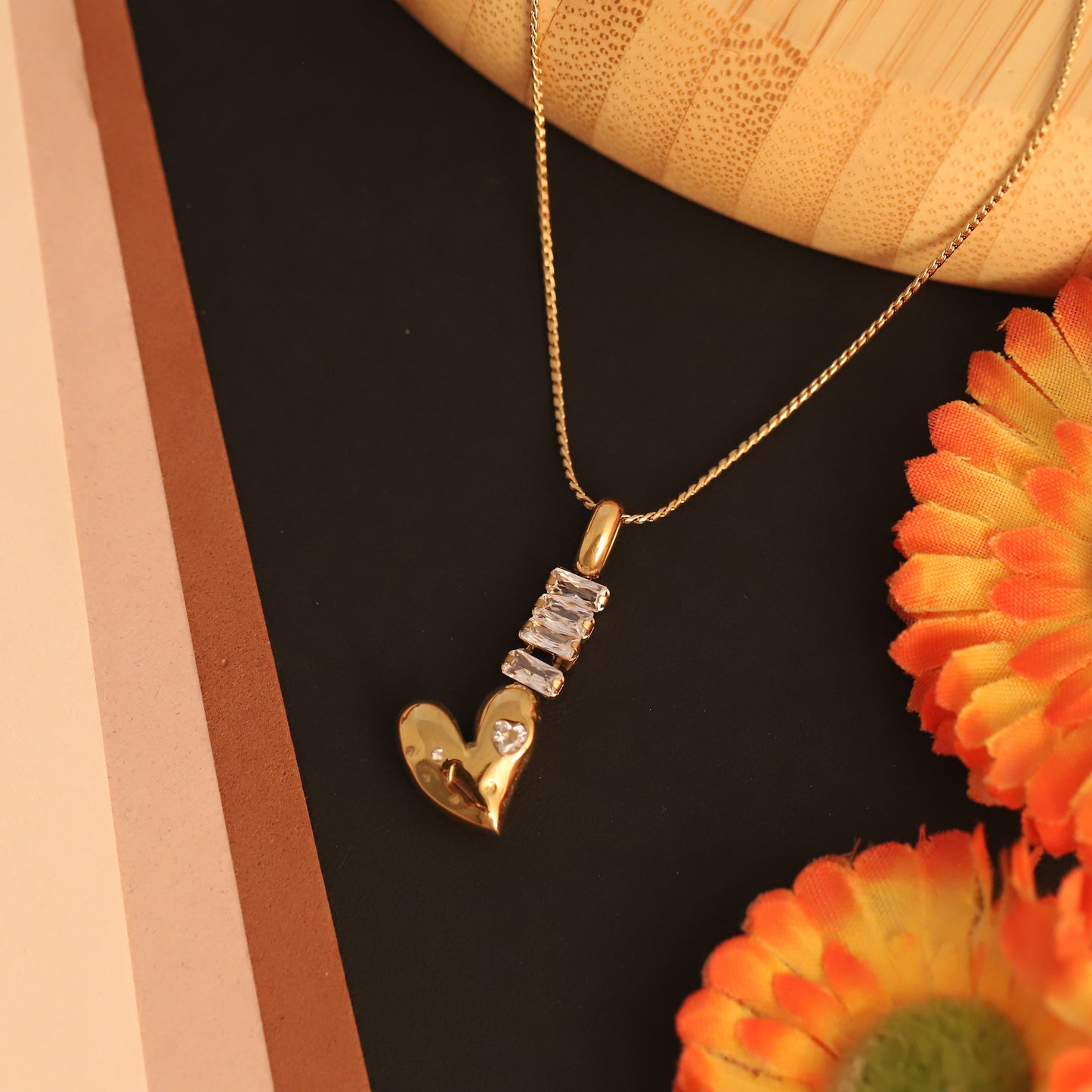 Modern Heart & Baguette Crystal Necklace | Gold Plated Jewelry