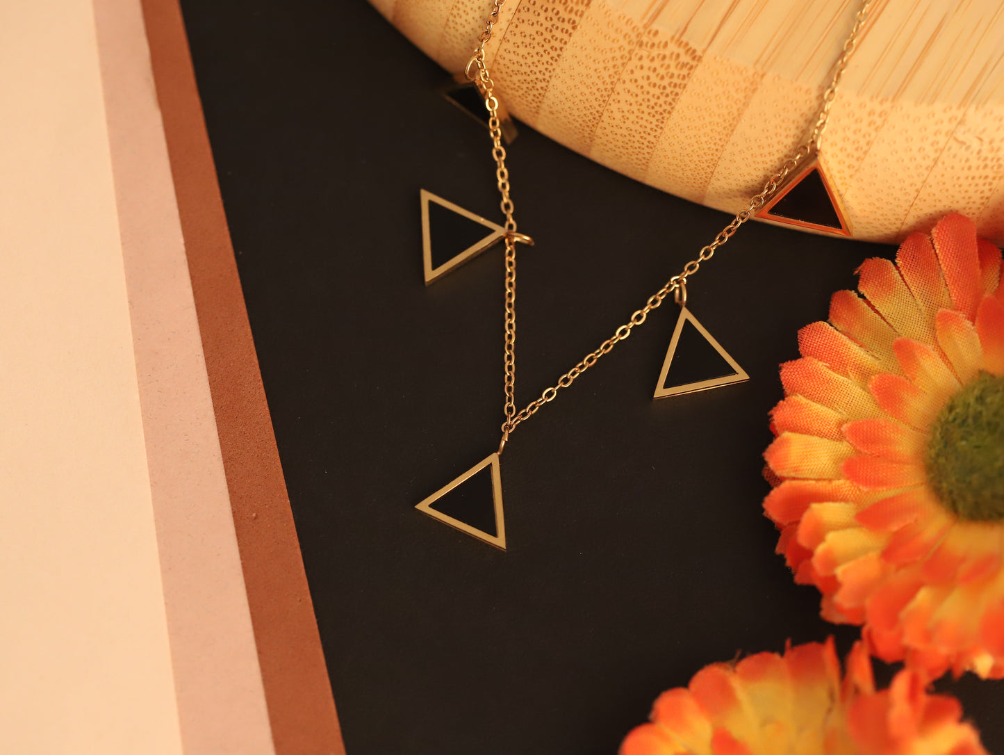 Geometric Gold Triangle Necklace | Black Enamel Pendant Choker | Modern Minimalist Jewelry
