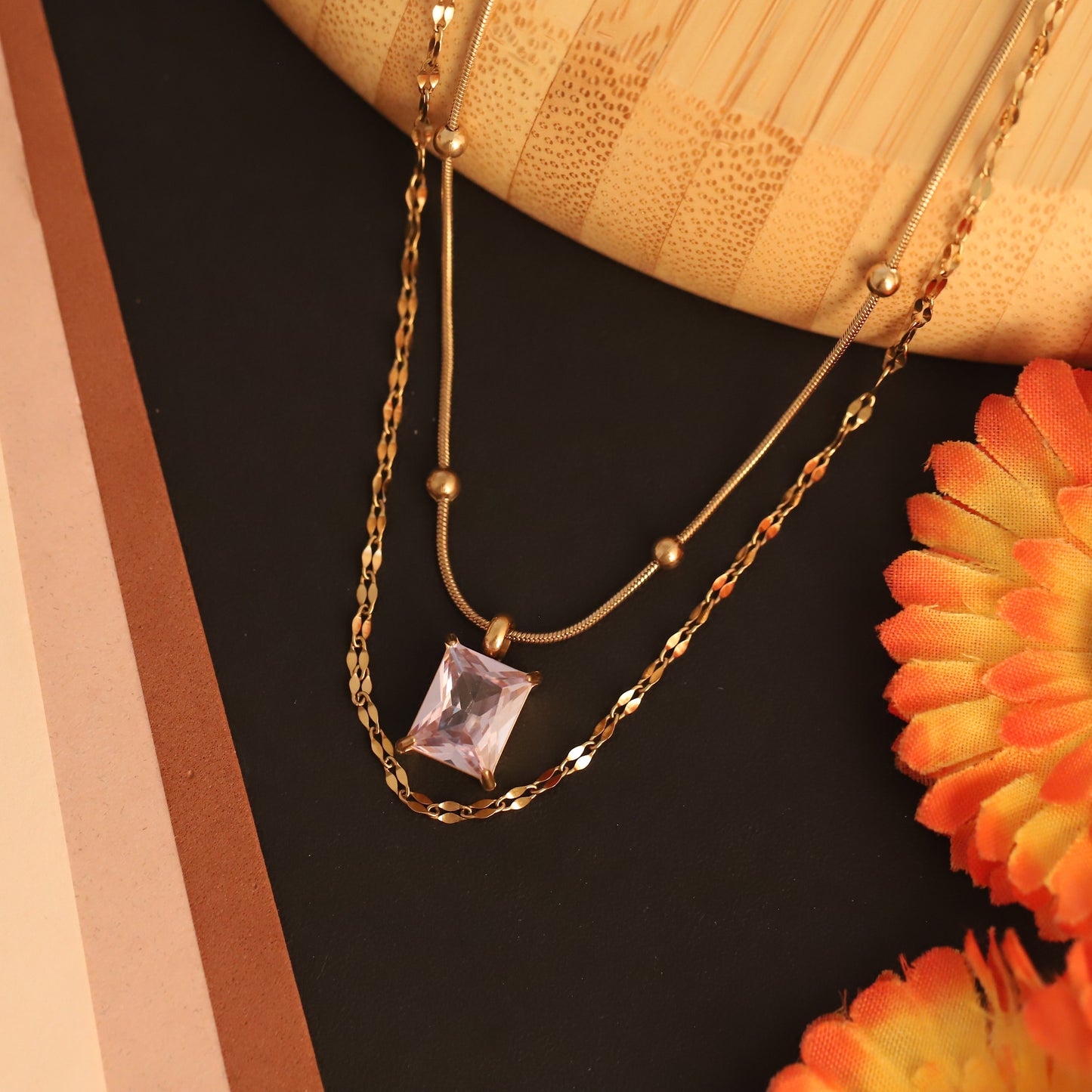 Elegant Layered Crystal Necklace - Gold Tone Rectangular Pendant