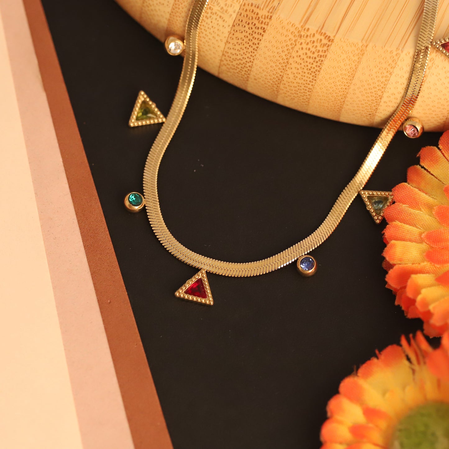 Gold Herringbone Snake Chain Necklace with Colorful Triangle & Gemstone Charms