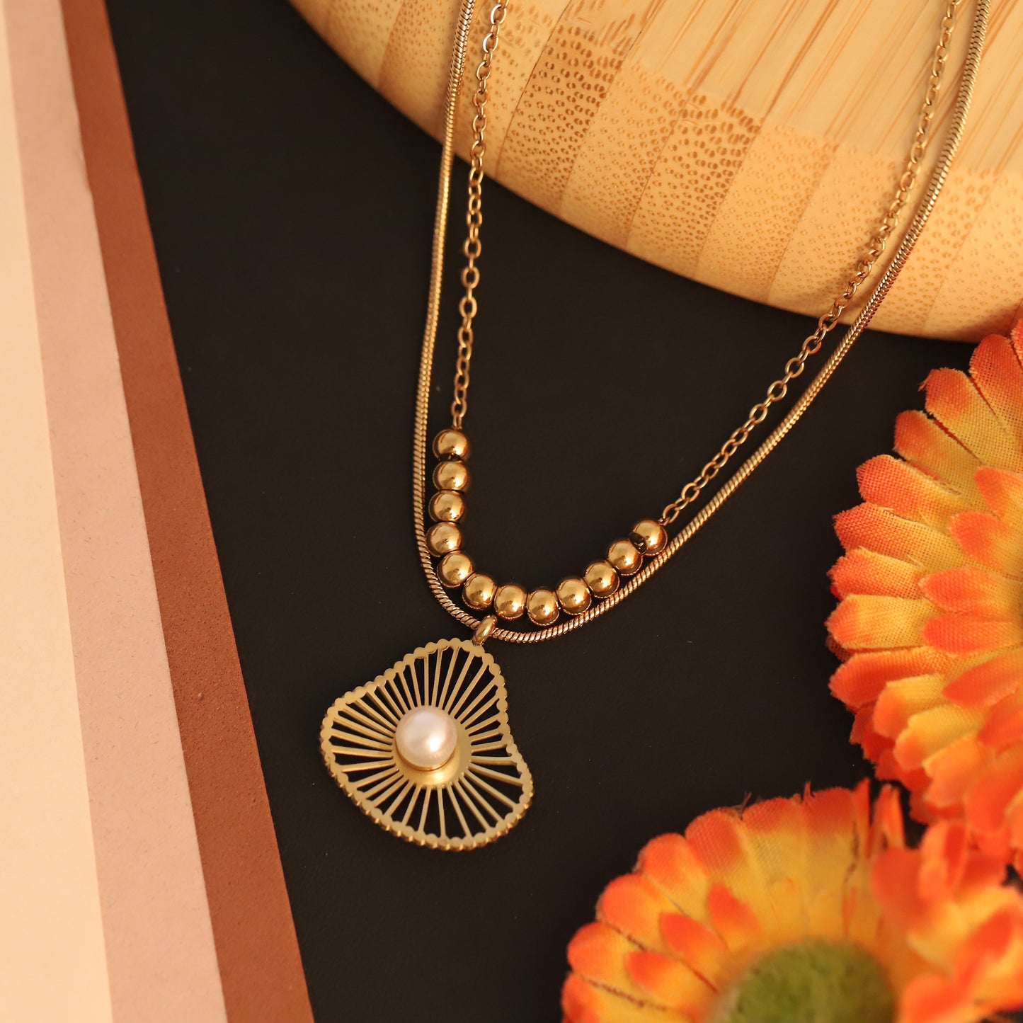 Layered Pearl Heart Necklace | Gold Beaded Pendant Jewelry