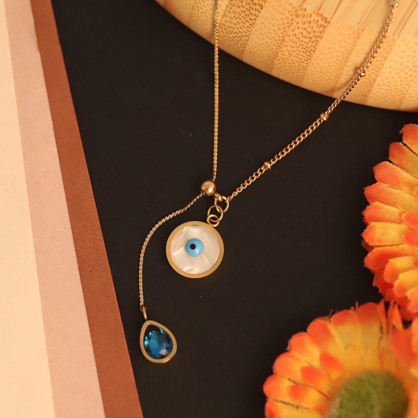 22K Gold Plated Evil Eye Necklace | Blue Teardrop Charm Stainless Steel