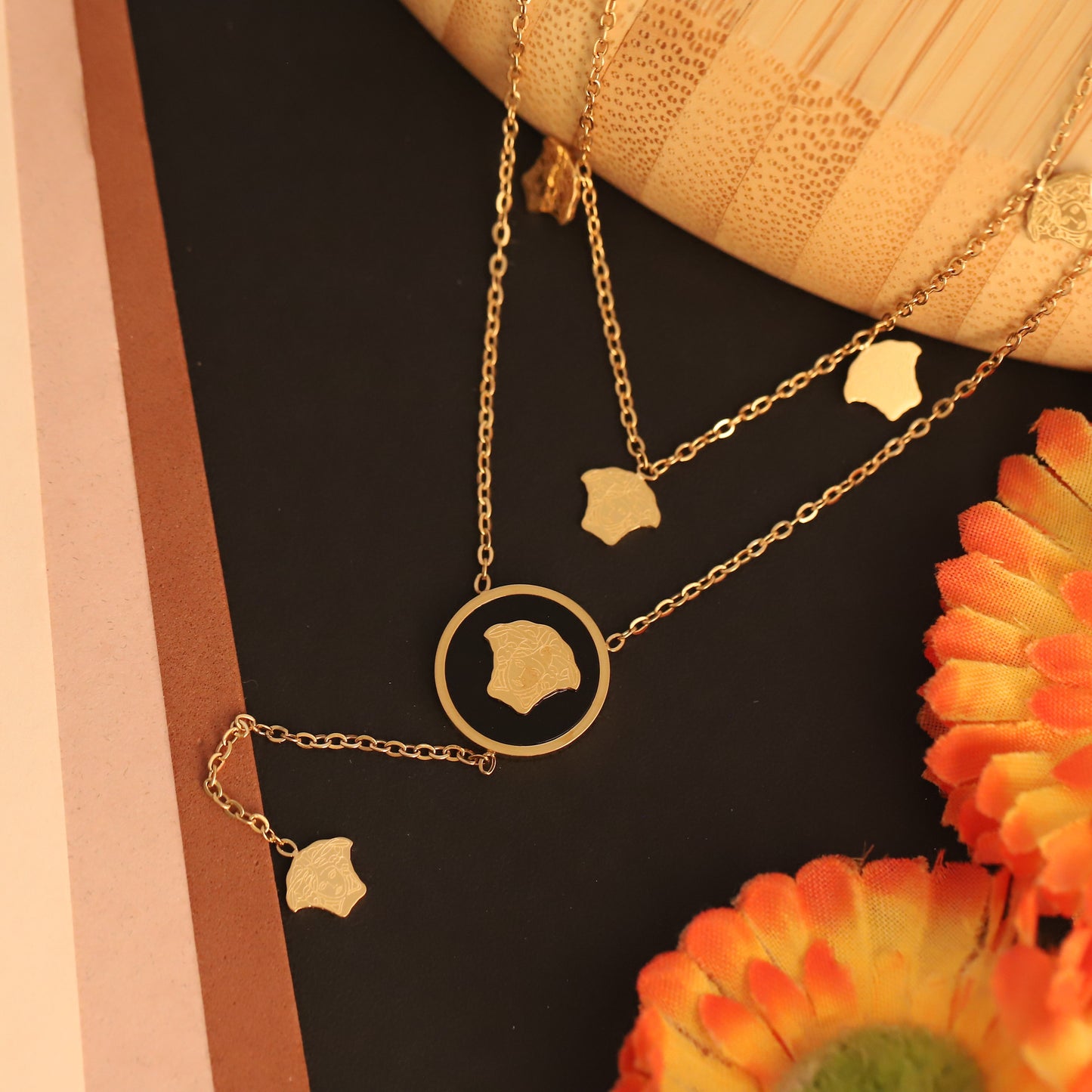 Gold Tone Medusa Head Layered Necklace | Black Enamel Designer Inspired Jewelry | Statement Fashion Piece