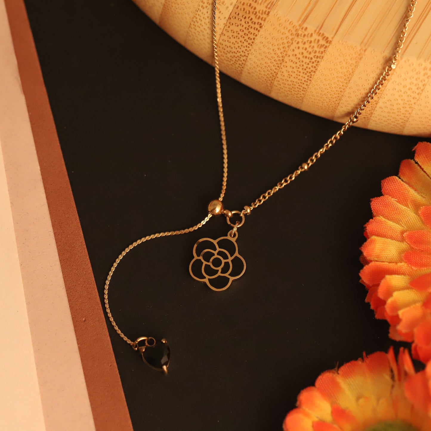 22K Gold Plated Black Flower Lariat Necklace | Stainless Steel Adjustable Chain