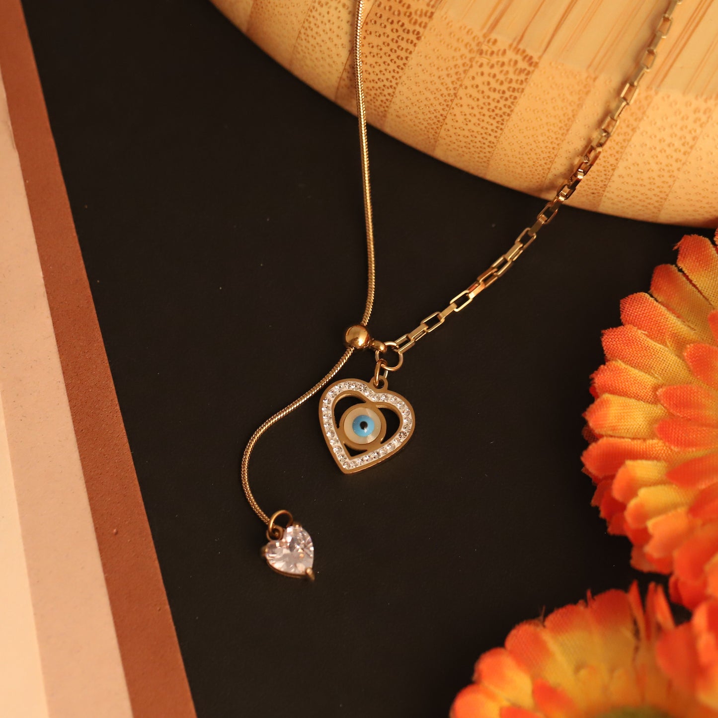 Modern Heart & Crystal Eye Necklace | Anti-Tarnish Daily Wear Jewelry