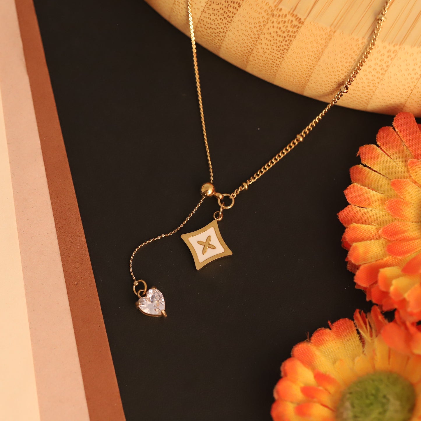 22K Gold Plated Star Cross Lariat Necklace | White MOP Heart Charm Pendant