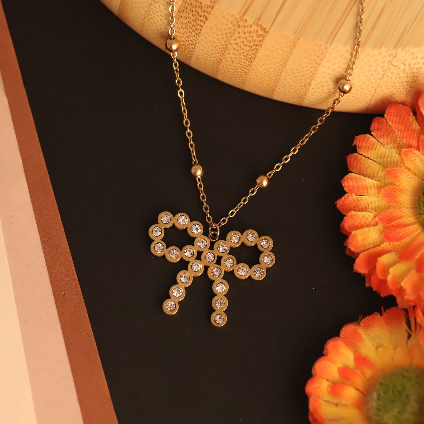 Dainty Gold Bow Pendant with Rhinestones | Elegant Pendant Jewelry
