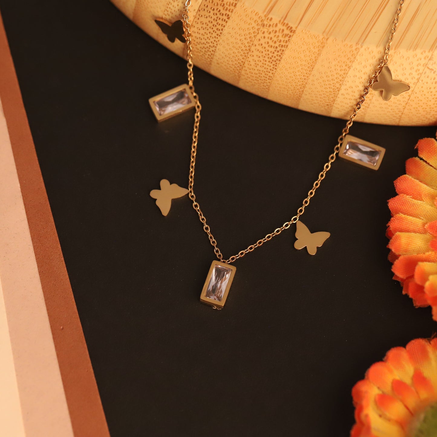 Butterfly & Crystal Bar Necklace | Gold Delicate Statement Jewelry