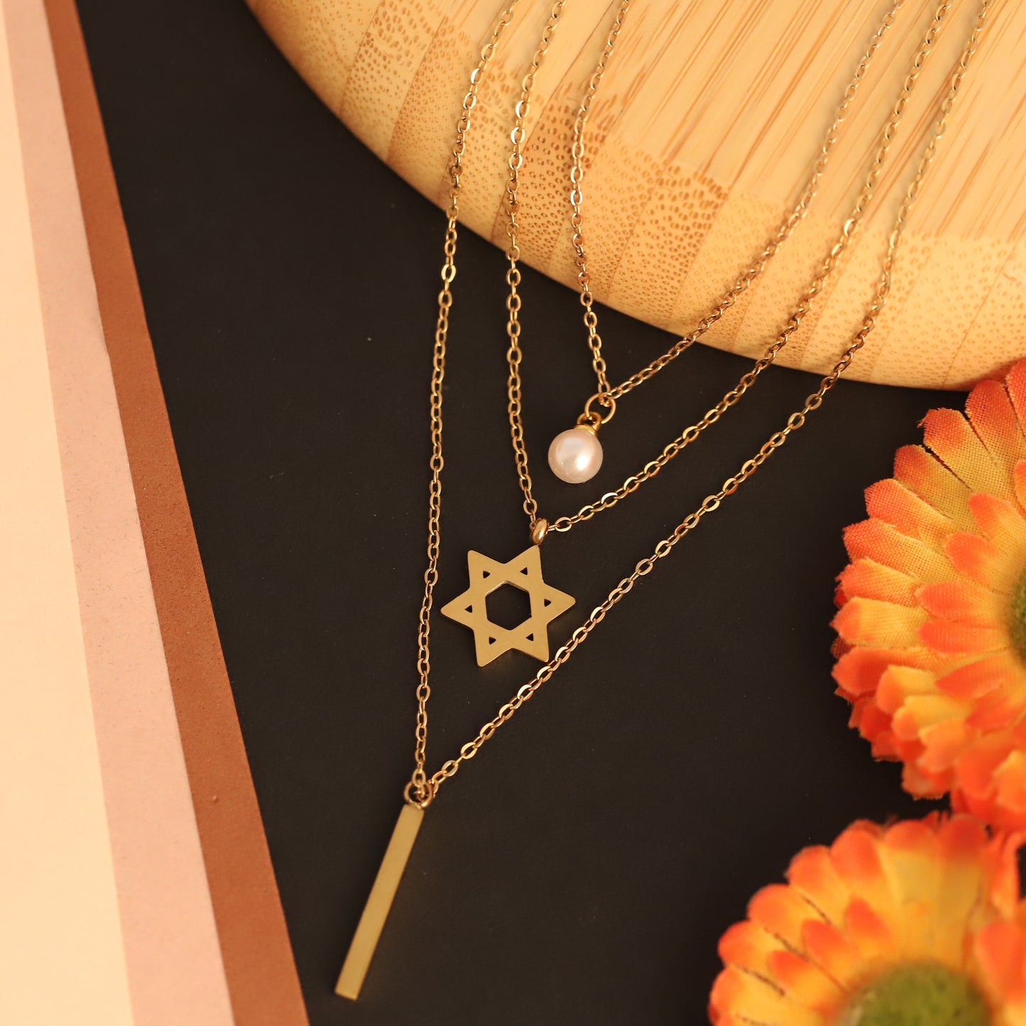 Layered Star of David and Bar Necklace - Gold Plated Statement