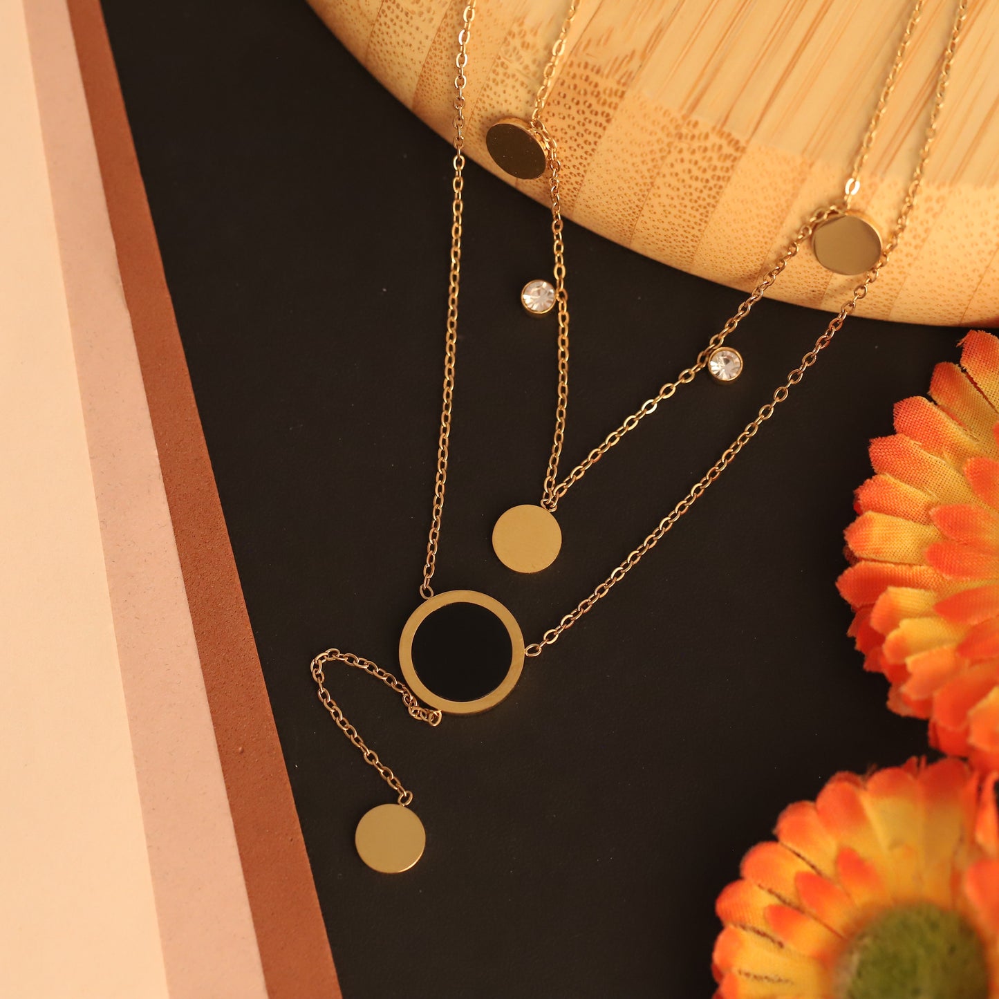 Modern Layered Black & Gold Circle Necklace | Dainty Crystal Chain | Minimalist Lariat Style Jewelry