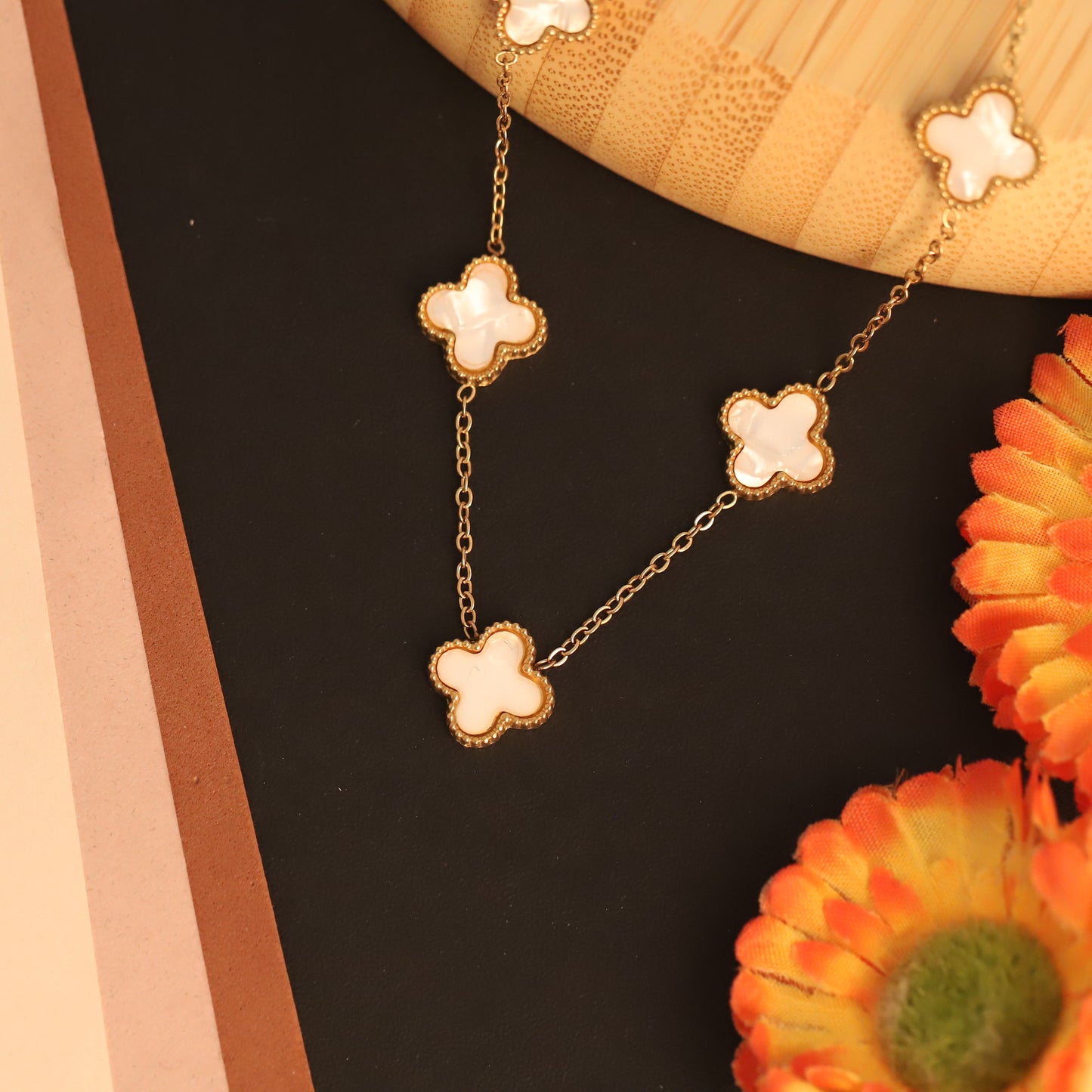 Gold Four Leaf Clover Necklace - Mother of Pearl Lucky Charm Pendant