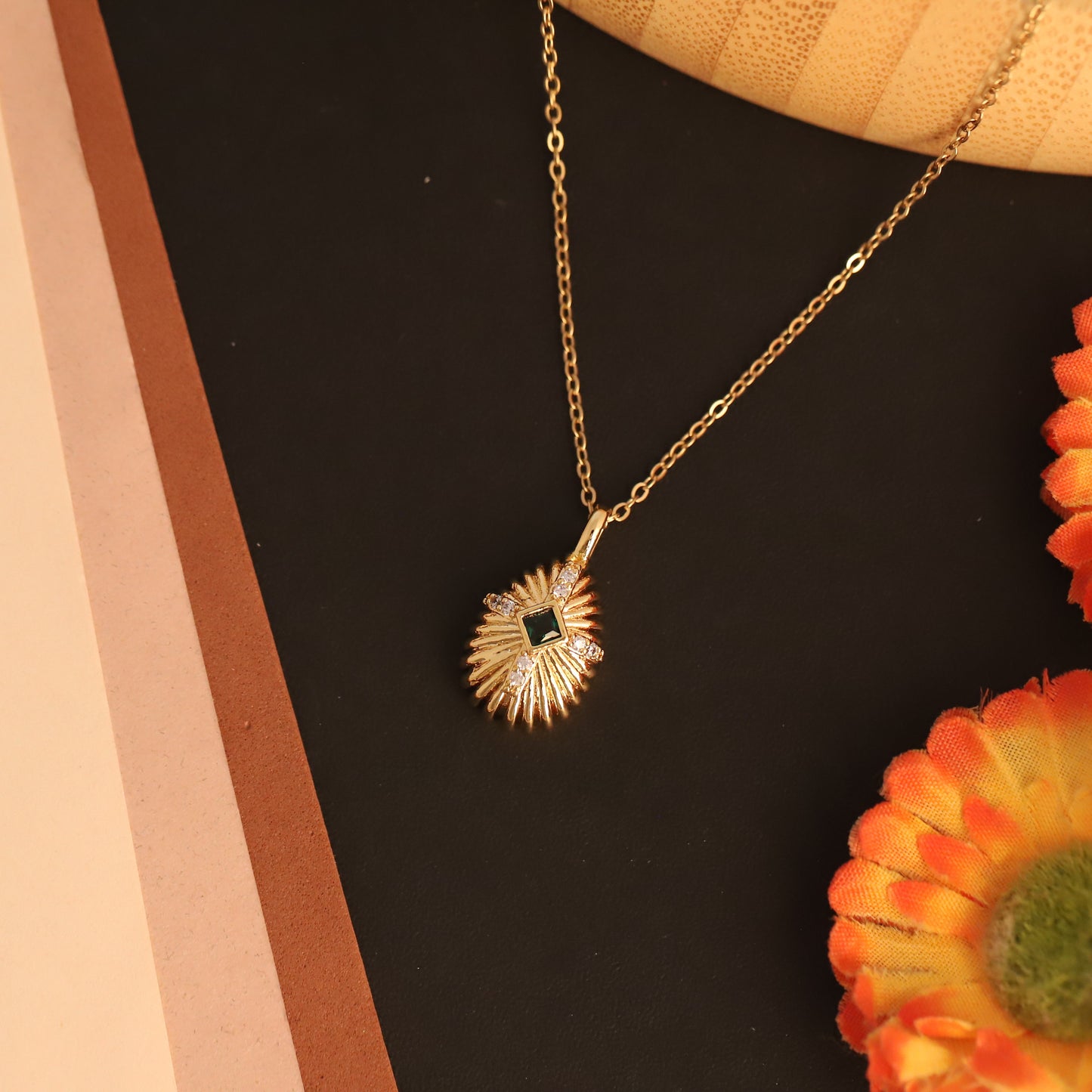 22K Gold Plated Shell Pendant Necklace | Emerald Accent Stainless Steel
