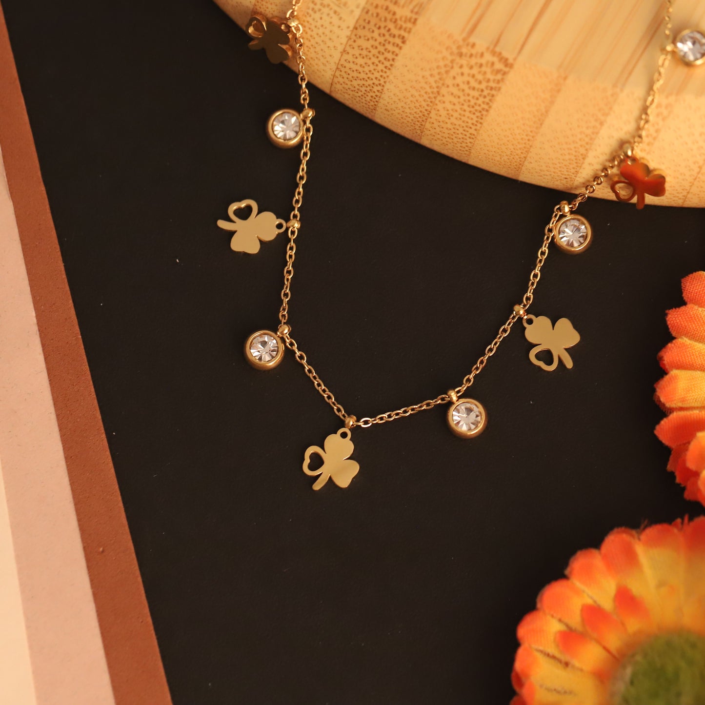 Charming Gold Plated Three-Leaf Clover & Zircon Necklace - Lucky Charm Jewelry for Women