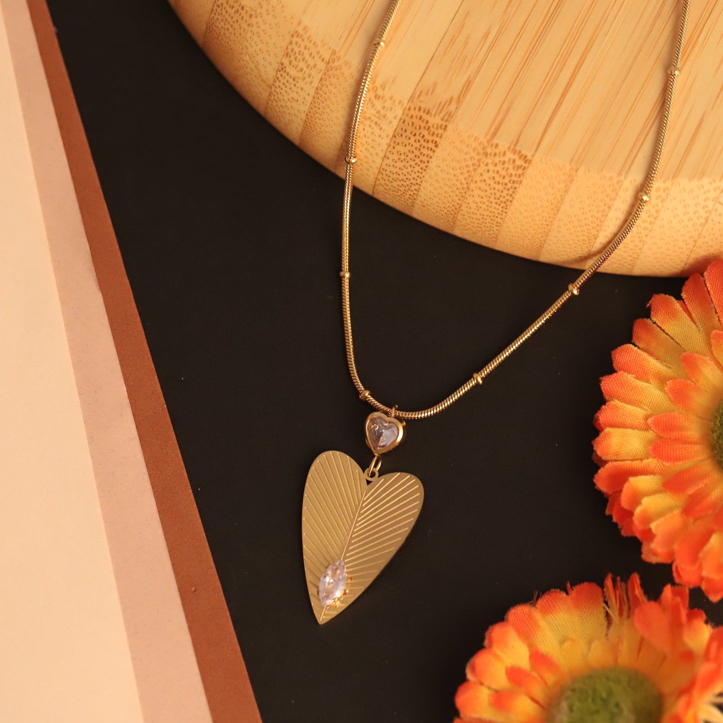 Textured Heart & Crystal Pendant Necklace | Gold Delicate Jewelry