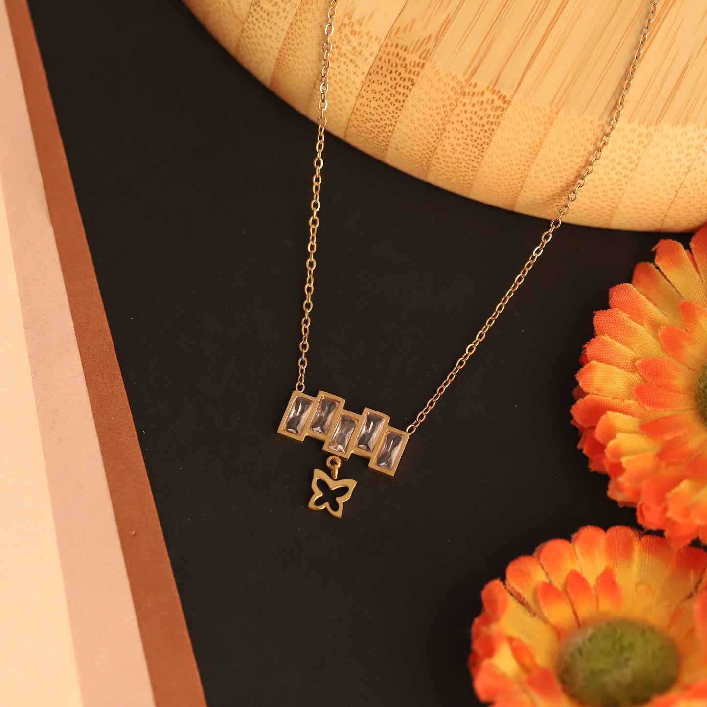 Gold Bar & Butterfly Pendant Necklace | Baguette Zirconia Necklace | Dainty Charm Jewelry