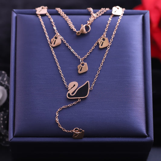 Rose Gold Layered Swan and Heart Necklace | Elegant Enamel Pendant