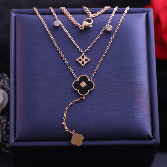 Rose Gold Layered Clover Necklace | Lucky Charm Pendant with Zirconia