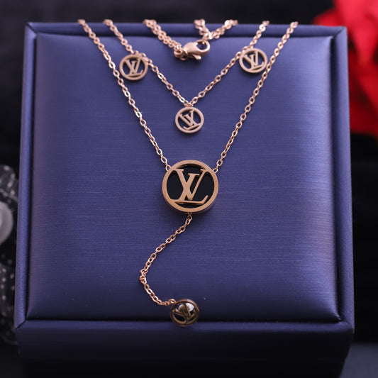 Layered Rose Gold LV Necklace - Fashion Logo Pendant Jewelry