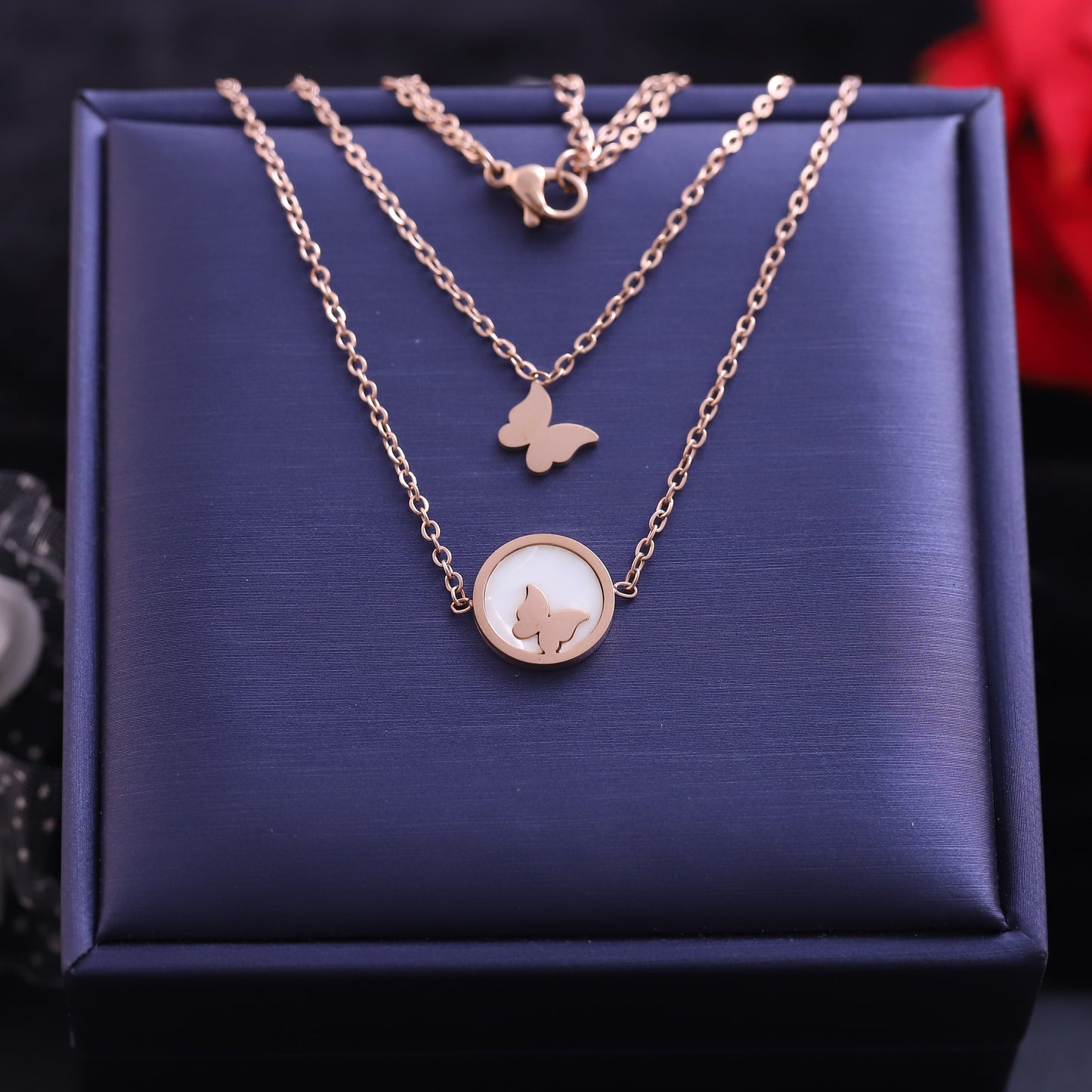 Layered Rose Gold Butterfly Necklace Set - Delicate Nature Inspired Jewelry