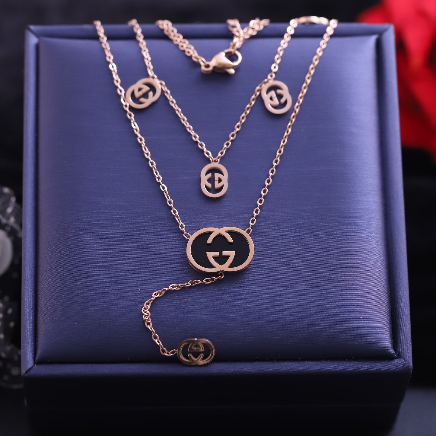 Layered Rose Gold Interlocking G Necklace Set - Fashion Logo Pendant Jewelry