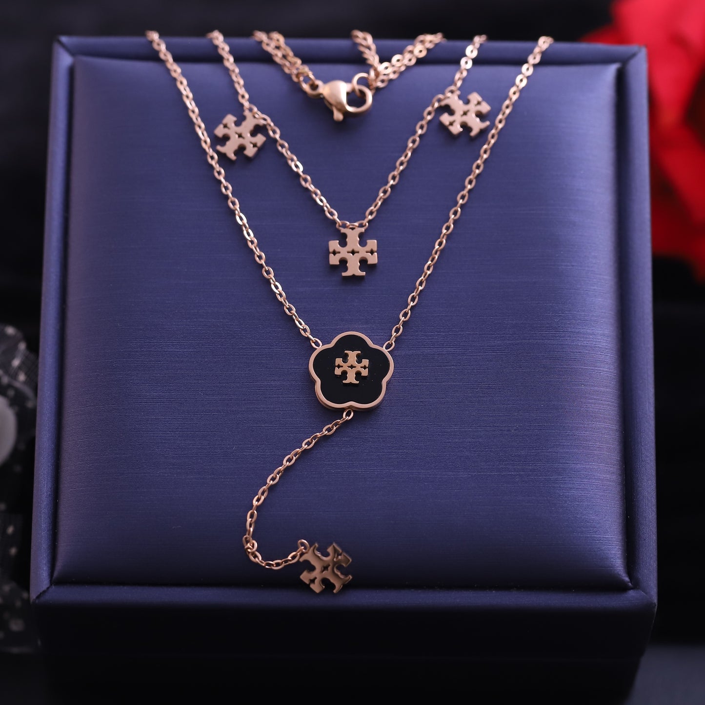 Layered Rose Gold Quatrefoil Necklace Set - Elegant Cross Pendant Jewelry