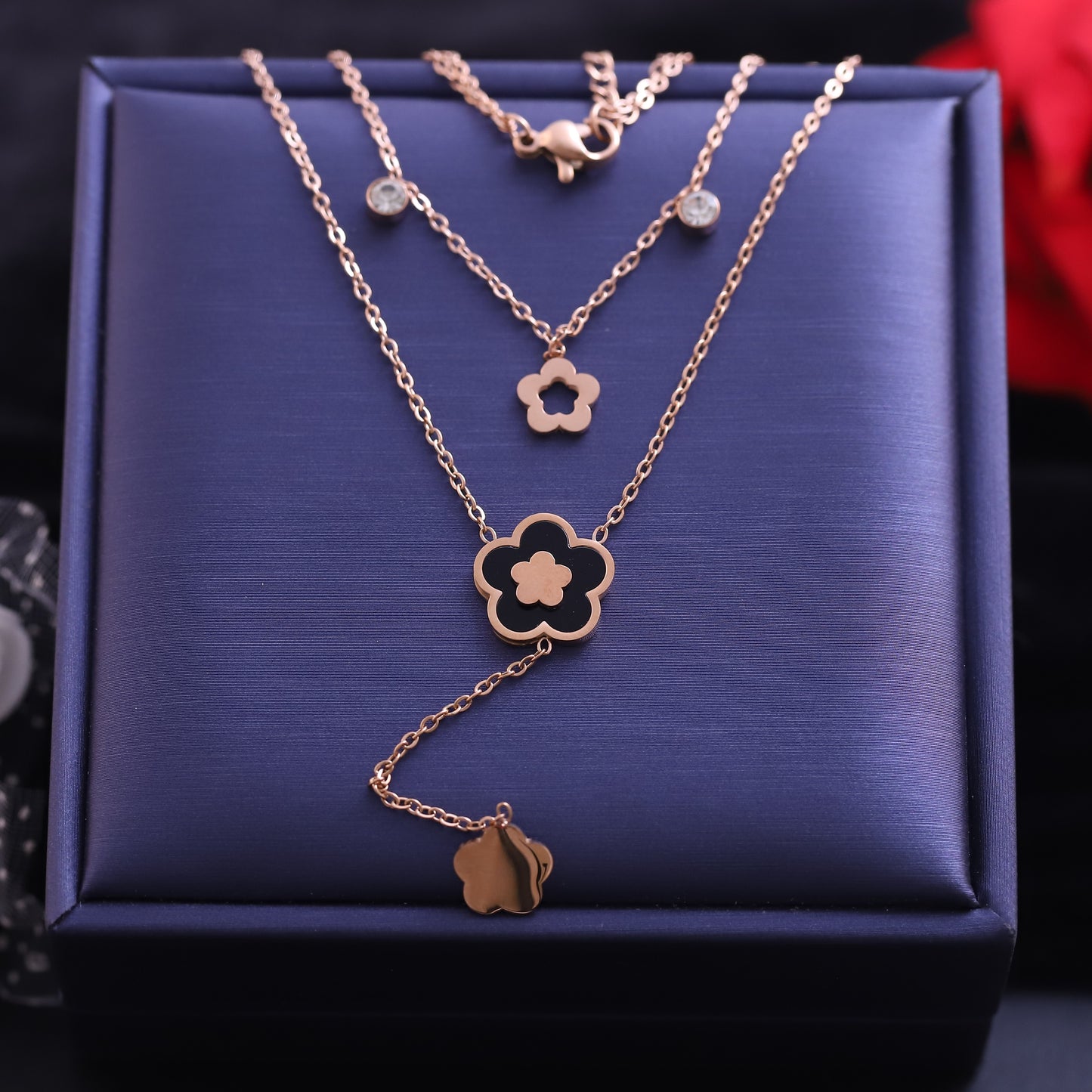 Rose Gold Layered Flower Necklace | Dainty Floral Jewelry | CZ Pendant | Elegant Women's Accessories