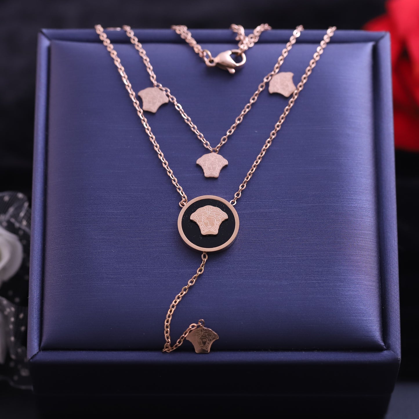 Rose Gold Layered Medusa Necklace | Versace Style Pendant Jewelry
