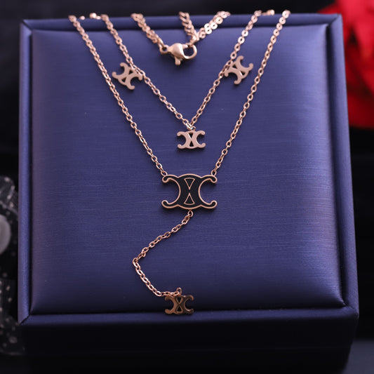 Layered Rose Gold Triomphe Necklace Set - Fashion Logo Pendant Jewelry